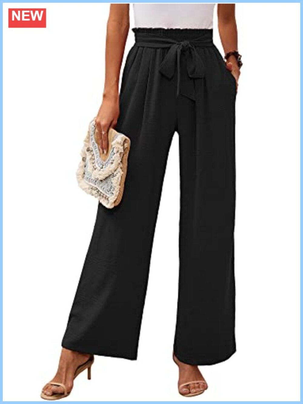 Wide Leg Palazzo Pants High Waist Tie Knot Trousers Side Pockets Flowy